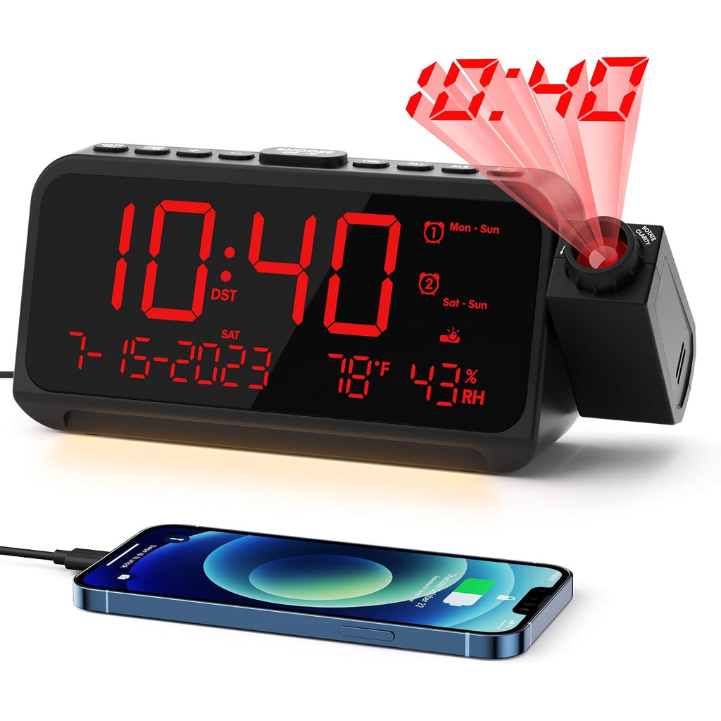 Projection Alarm Clock With 180° Ceiling Projector & Digital Display | 5-Level Dimmer, Dual Alarms, Night Light, Temp & Humidity Display, Weekday/Weekend Mode, Dst, Snooze Function For Bedroom