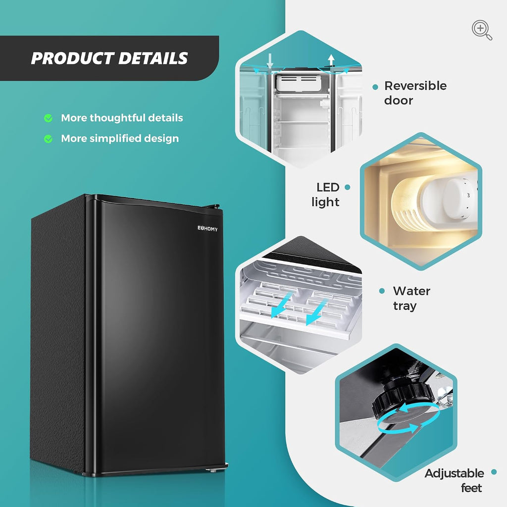 Euhomy 3.2 Cu.Ft Mini Fridge With Freezer, Single Door Compact Refrigerator, Adjustable Thermostat, Mini Refrigerator Energy Saving, Mini Fridge For Bedroom, Dorm, Office, Black
