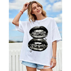 Verdusa Graphic Tees For Women Lips Print 2000S Clothing Short Sleeve Graphic T Shirts Y2K Going Out Tops