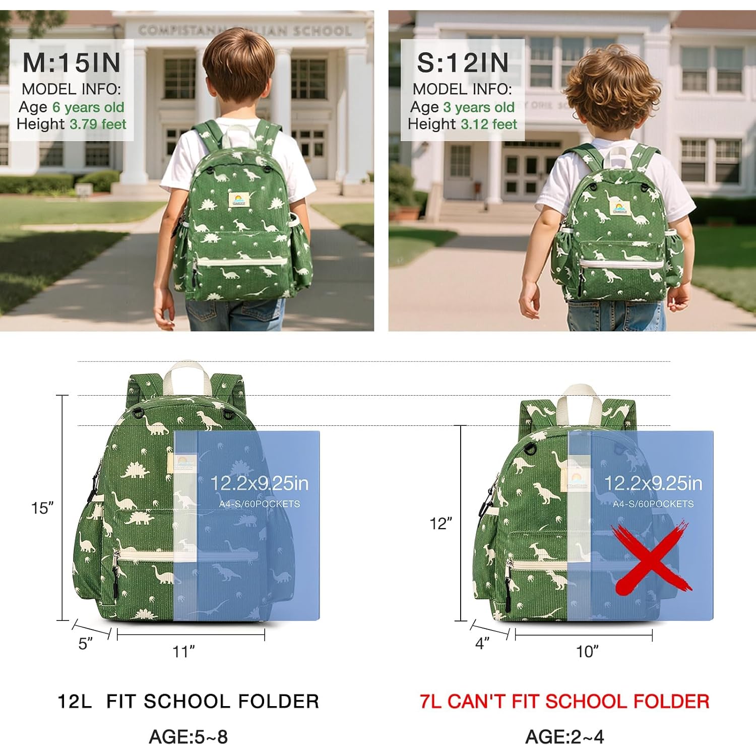 Steamedbun Corduroy Toddler Backpack For Boys 2-4: Kids Backpack For Boys Girls - 12 Inch Preschool Kindergarten Backpacks - Dinosaur