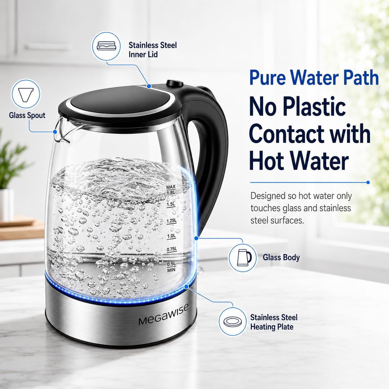 Megawise Electric Glass Kettle With Auto Shut-Off (1.8L)