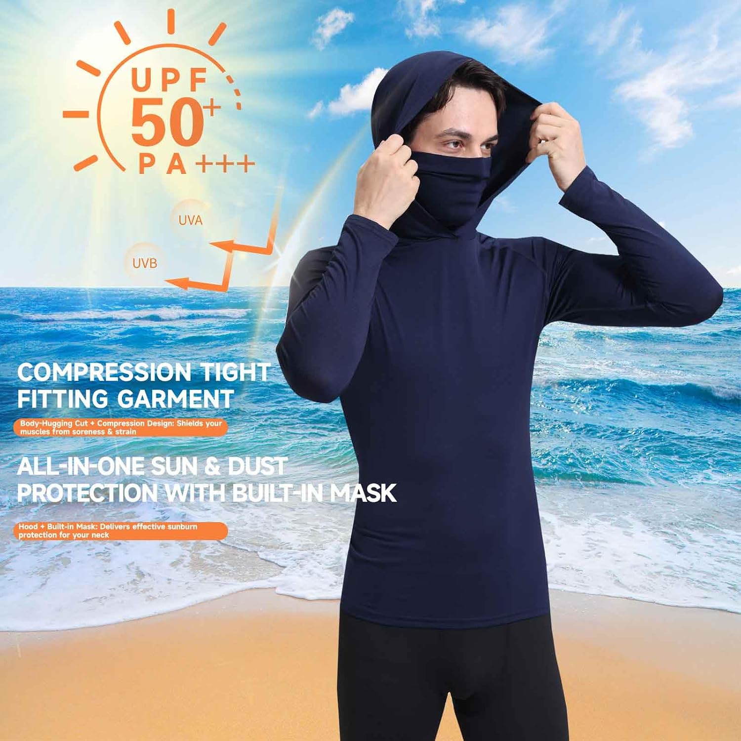 3 Pack Men'S Hooded Long Sleeve Shirt With Face Mask, Upf Sun Protection Stretch Workout Shirt For Running Cycling Fishing