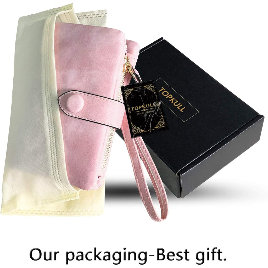 Topkull Bifold Small Rfid Soft Leather Ladies Trifold Wallets Billfolds Mini Wristlet Clutch Cute Zipper Coin Purse With Wrist Strap (Pink)
