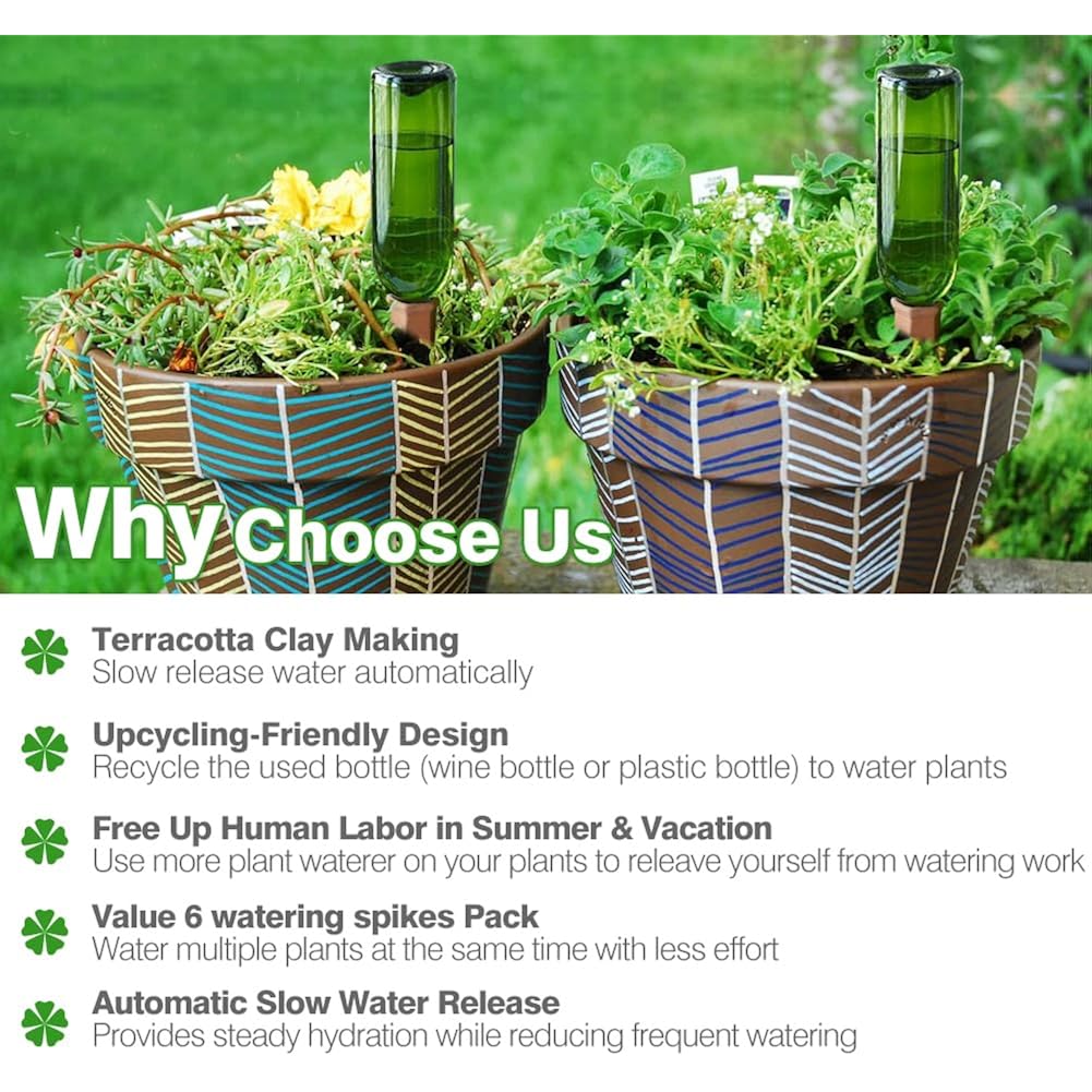 Plant Watering Devices 6 Pack Terracotta Vacation Plant Waterer Wine Bottle Watering Stakes Slow Release Plant Watering Spikes Self Watering Devices For Indoor Outdoor Plants