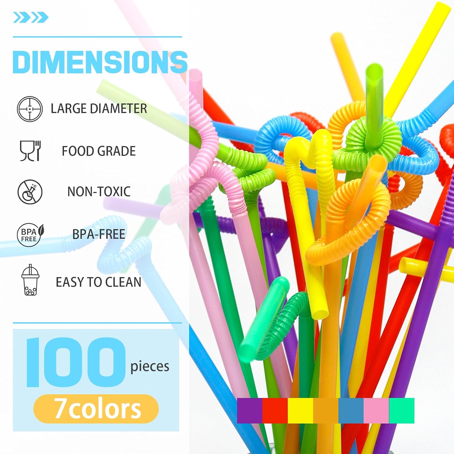 100 Pcs Colorful Plastic Disposable Bendable Drinking 12.8Inch Long Straws For Home Use Milk Juice Drinks Party Decorations