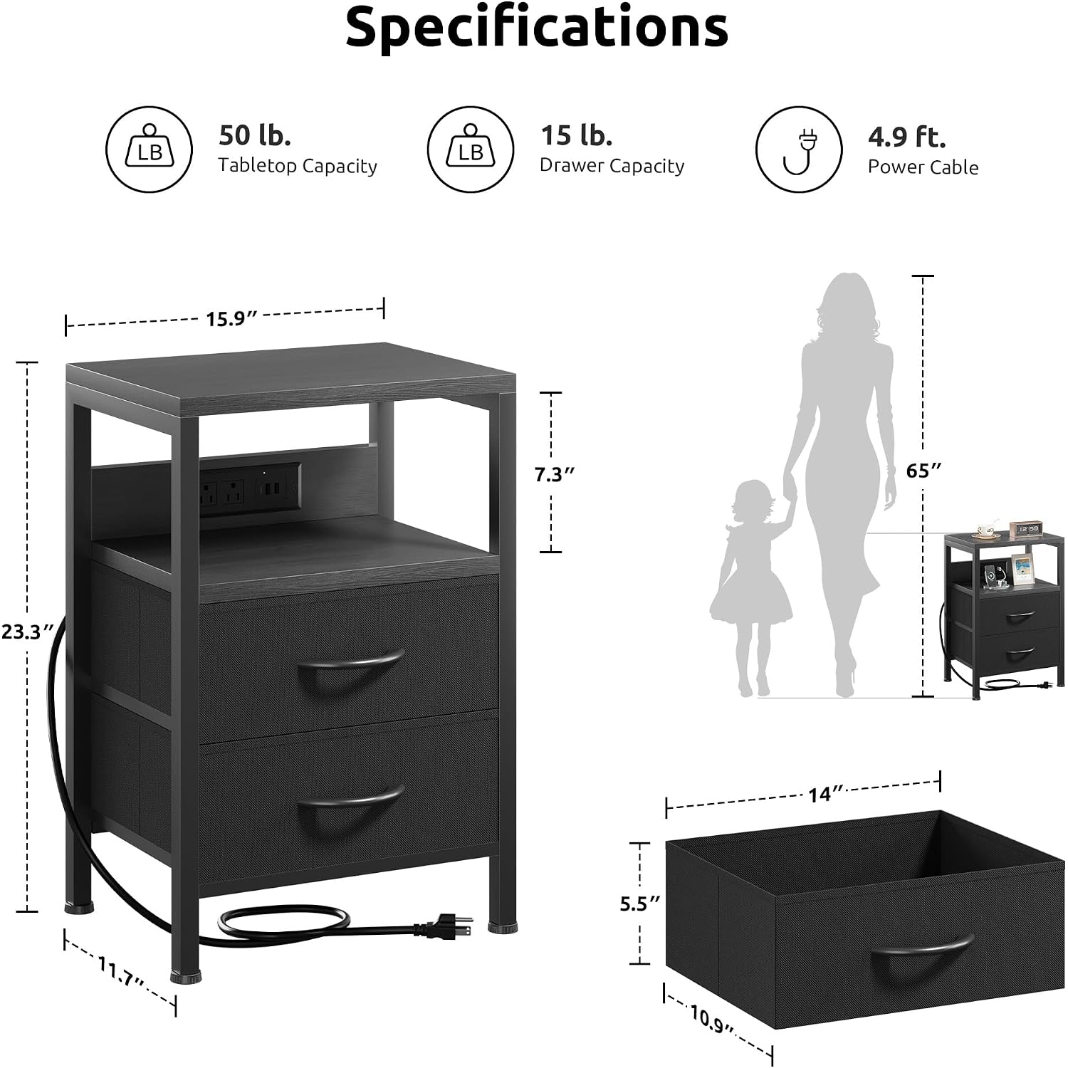 Night Stand With Charger Station For Bedroom, Black Nightstand | Bedside Table, Open Shelf, 2 Fabric Drawers, Built In Usb-A, Usb-C Port & Ac Outlets, For Dorm, Living Room, Bedroom