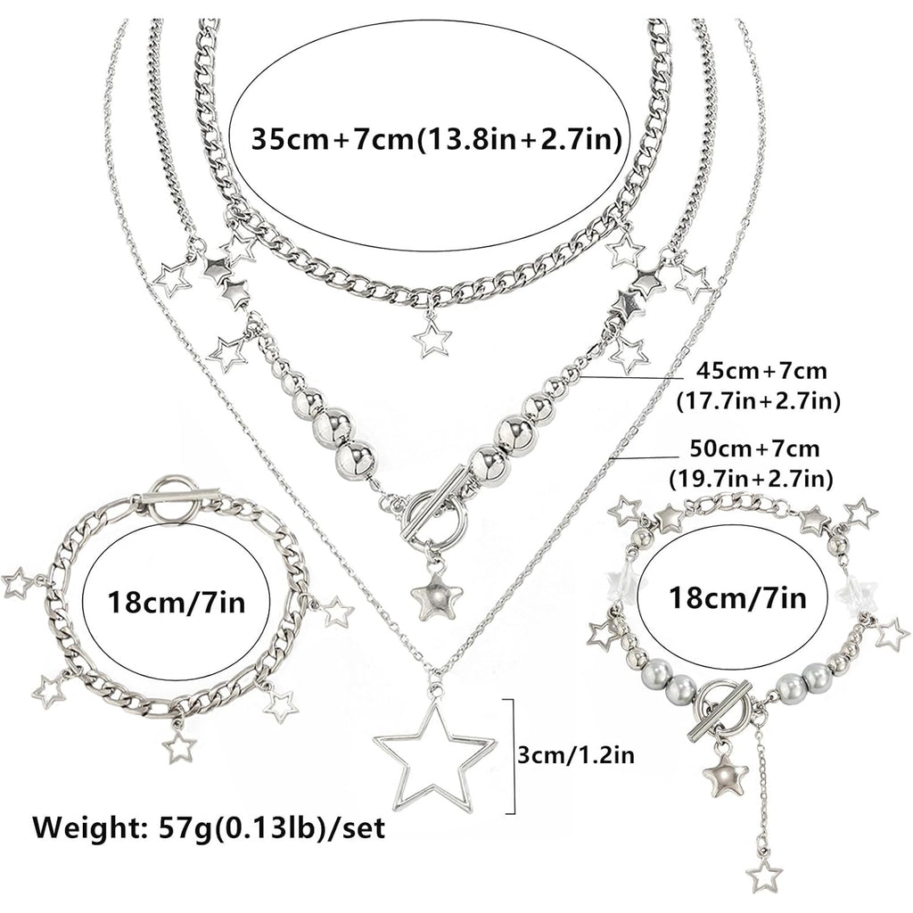 2 Pieces Silver Star Necklace Y2K Jewelry Set Grunge Necklace Kawaii Cute Necklaces Aesthetic Vintage Emo Jewelry