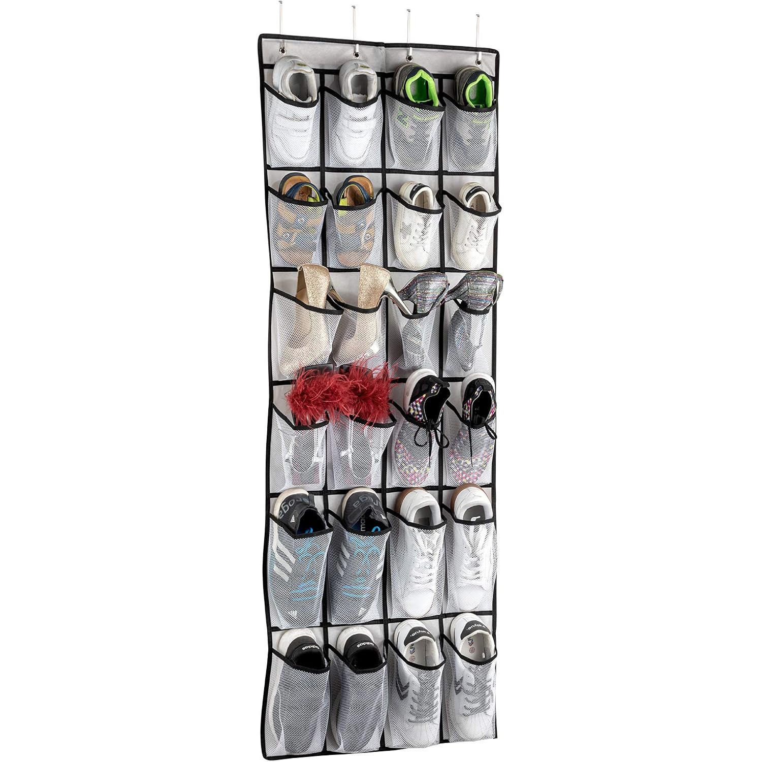 Over The Door Shoe Organizer, Hanging Shoe Organizer With 24 Mesh Large Pockets Door Shoe Rack Organizer For Men Women Kids Hanging Shoe Storage Bag.(White