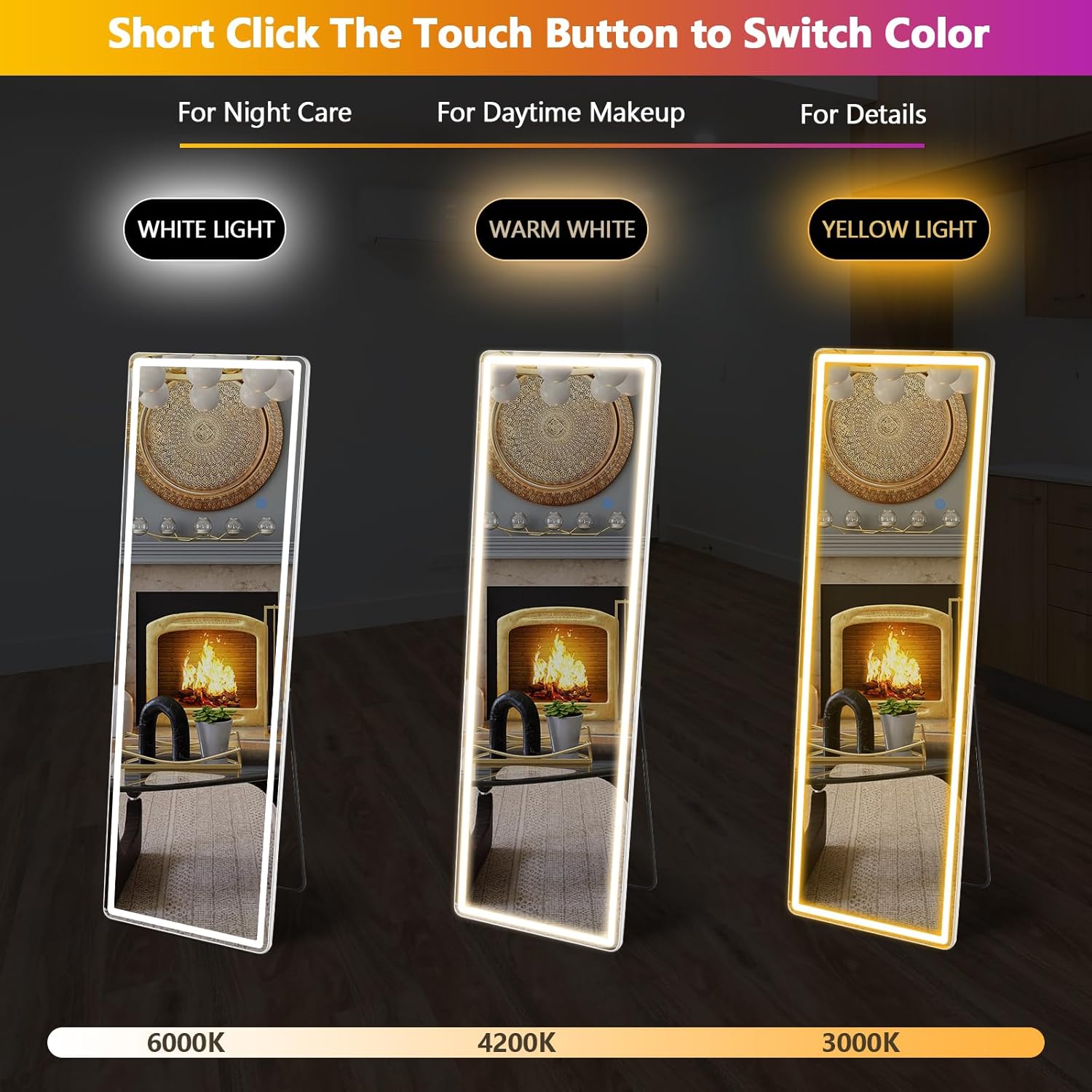 Sweetcrispy Full Length Mirror with LED Lights, 65"x21" Lighted Full Body Floor Mirror with Dimming & 3 Color Lighting, Stand for Bedroom, Dressing Room, White