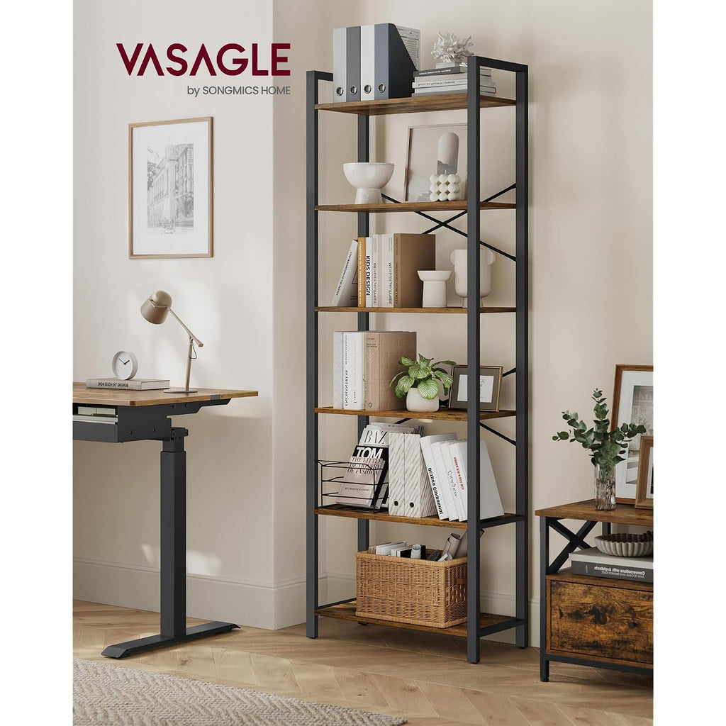 Vasagle 6-Tier Bookshelf, Bookcase With Steel Frame, Book Shelf For Living Room, Home Office, Study, 11.8 X 26 X 73.2 Inches, Industrial Style, Rustic Brown And Ink Black Ulls062B01