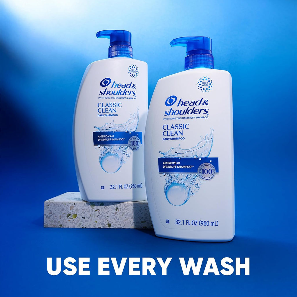 Head & Shoulders Anti-Dandruff Shampoo with 1% Pyrithione Zinc, Classic Clean Shampoo Twin Pack, Daily Use, Flake Control, Scalp Care, Color-Safe, Deep Clean, 32.1 fl oz Each