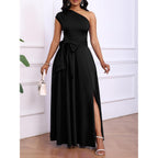 Ekaliy Women'S One Shoulder Belted Maxi Dress Long Formal Wedding Guest Dress With Pockets