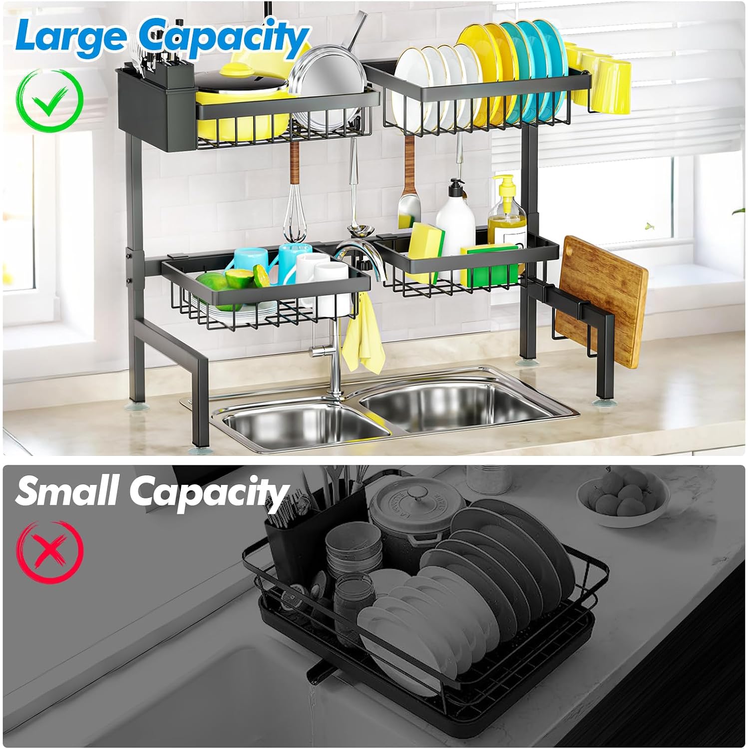 Snslxh 4 Baskets 2-Tier Over The Sink Dish Drying Rack, 26.57"-35", Large Sink Rack For Kitchen, Extensible And Adjustable, Saving Kitchen Space