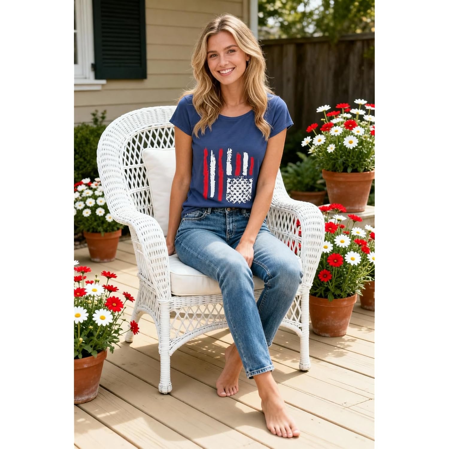 Women's Floral T-Shirts Graphic Loose Tees Sunflower Graphic Summer Short Sleeve Boho Casual Tops Flag-b