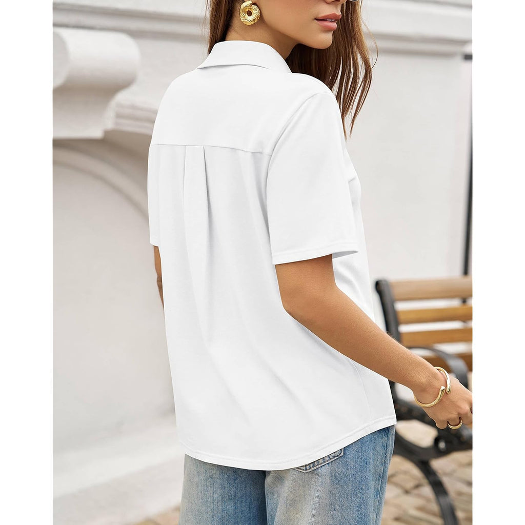 Unclecat Womens Polo Shirts Short Sleeve V Neck Business Casual Collared Tops Summer Dressy Blouses