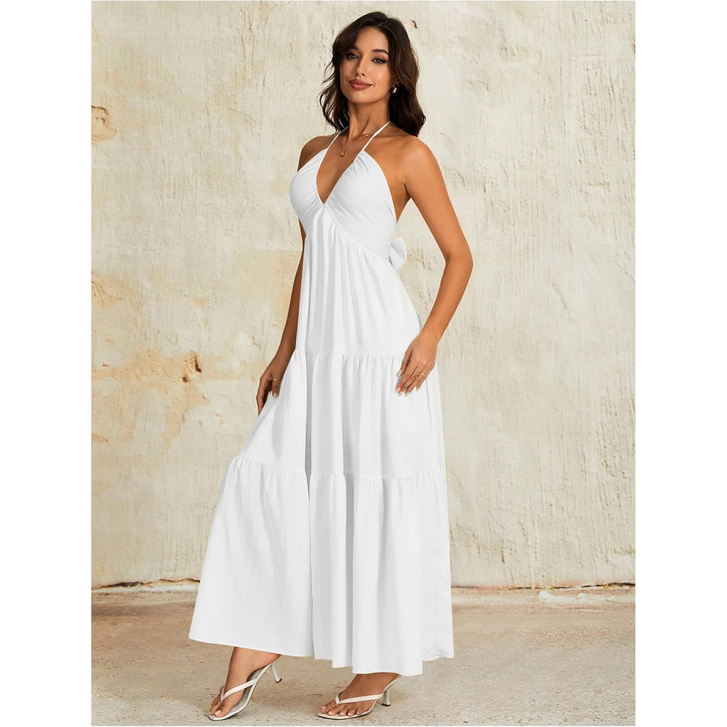 Oyoangle Women'S Summer Beach Halter Sundress Formal Wedding Guest Dress Backless Flowy Vacation Boho Maxi Dresses
