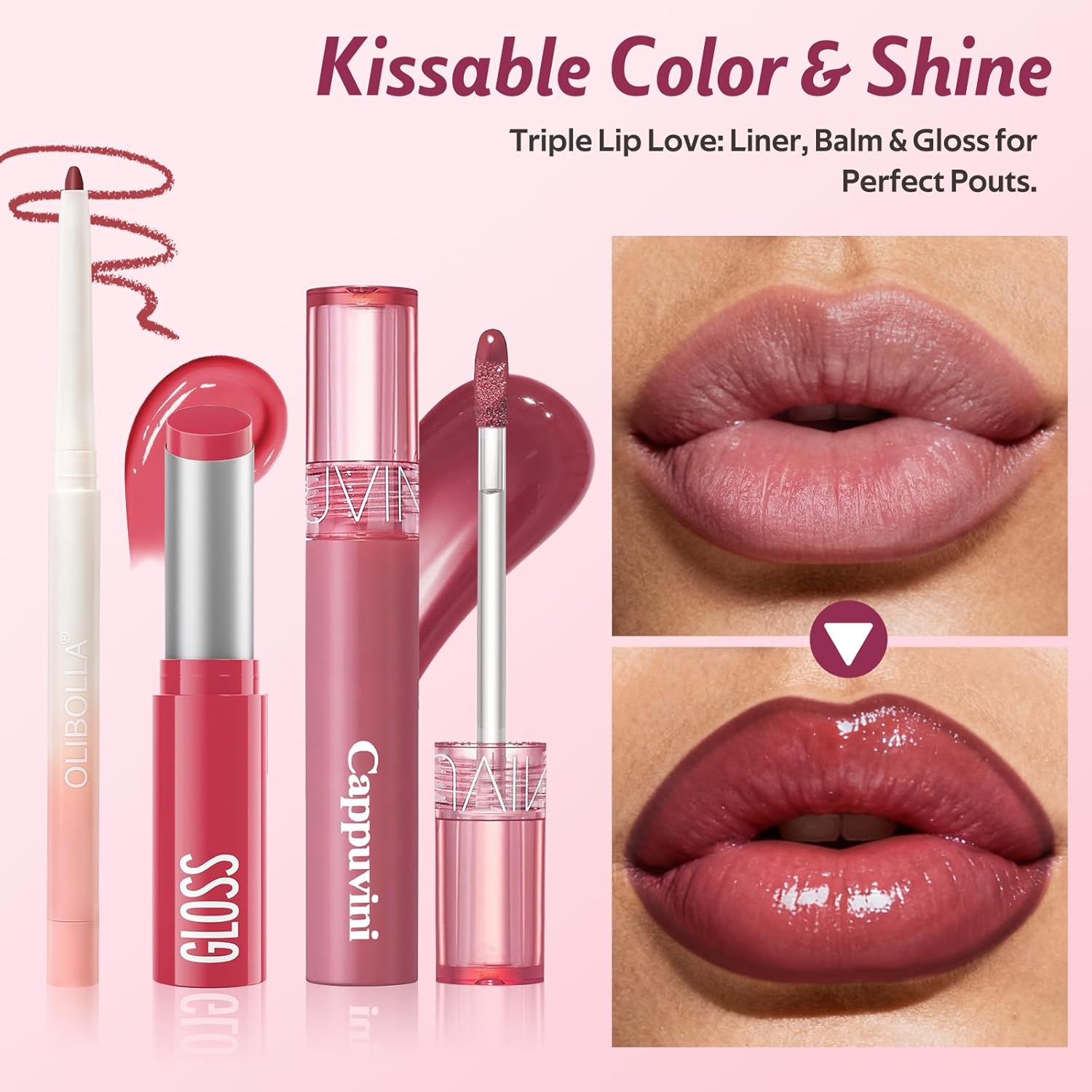 3 Pack Lip Combo Set - Matte Lip Liner Pencil + Hydrating Tinted Lip Balm + Plumping Lip Gloss, Non-Sticky, Long-Lasting, 3-in-1 Lip Makeup Kit for Plump, Hydrated & Glossy Lips (Juicy Plum Set)