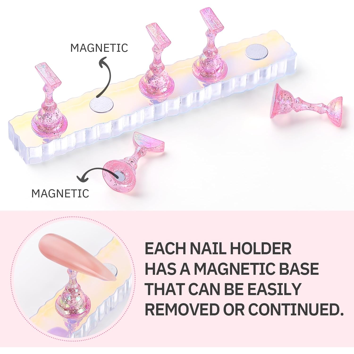 Etercycle 2 Set Nail Holder for Display Painting Nails - Aurora Acrylic Magnetic Practice Nail Stand Set - Fake Nail Holder for Press On Nails with Reusable Adhesive Putty (Pink+Black+Clear)