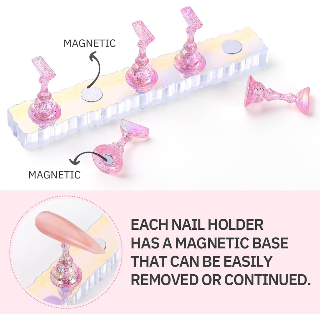 Etercycle 2 Set Nail Holder for Display Painting Nails - Aurora Acrylic Magnetic Practice Nail Stand Set - Fake Nail Holder for Press On Nails with Reusable Adhesive Putty (Aurora Pink)