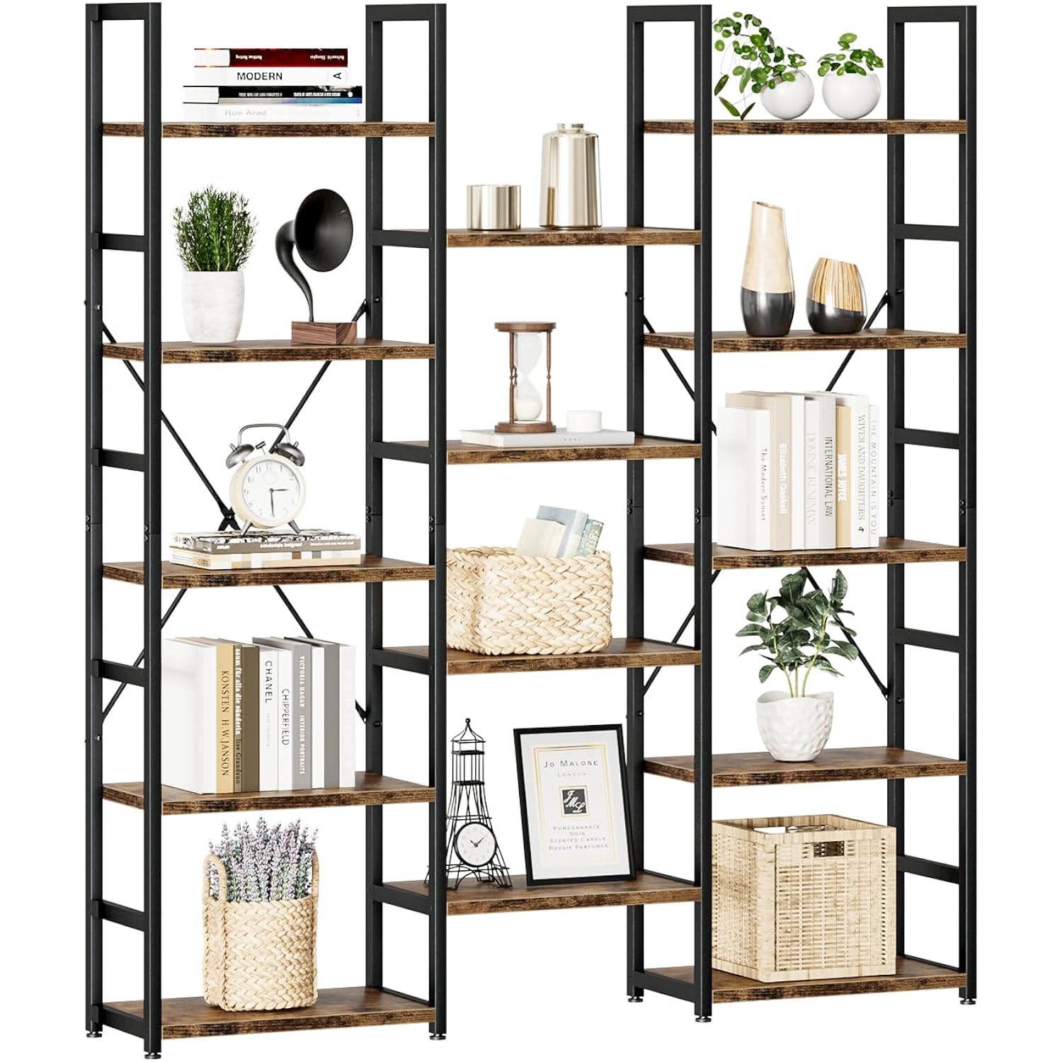 Numenn Triple Column 5 Tier Bookshelf, Bookcase With 14 Open Display Shelves, Adjustable Rustic Industrial Style Book Shelves, Modern Bookshelves For Bedroom, Living Room And Home Office, Vintage