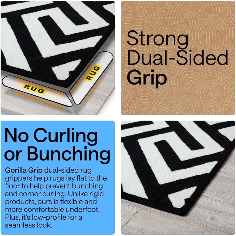 GORILLA GRIP® Rug Gripper Pads, Extra Long Reusable Double-Sided Adhesives Keep Area Rugs Corners Flat, Grips Hardwood, Tile and Laminate Floors, Renter Friendly, Holds Down Carpet in Place, 8 Pcs
