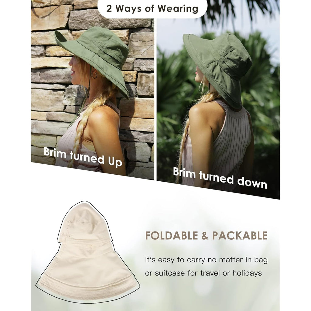 Sun Hats for Women Gardening Hat Wide Brim Ponytail Beach Sun Protection Breathable Cotton Summer Hat with Fold-Up Brim