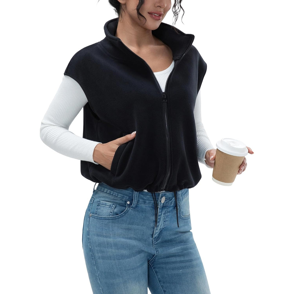 Women'S Full Zip Fleece Short Vest Warm Winter Sleeveless Stand Collar Sherpa Crop Coat