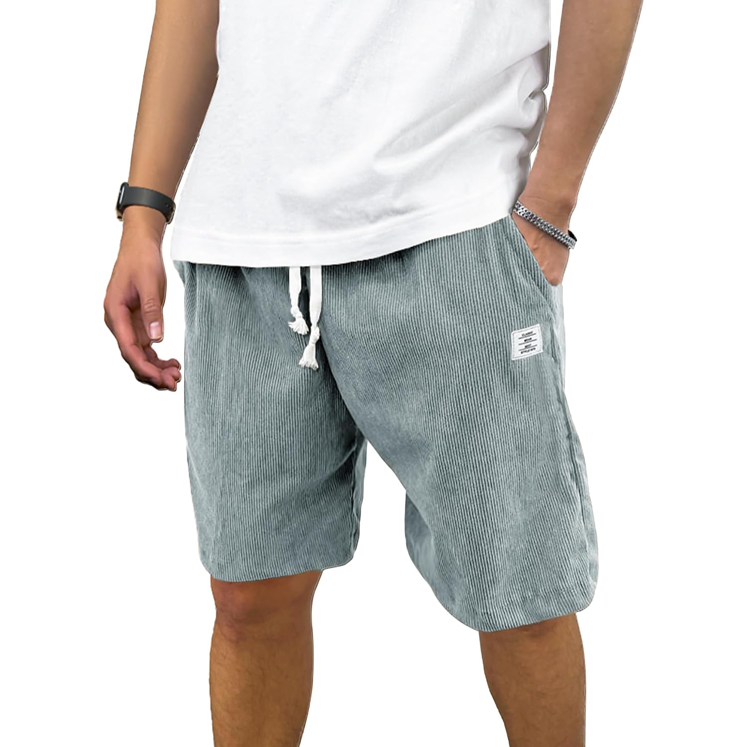 Plepan Mens Corduroy Shorts Casual Elastic Waist Drawstring Summer Beach Shorts