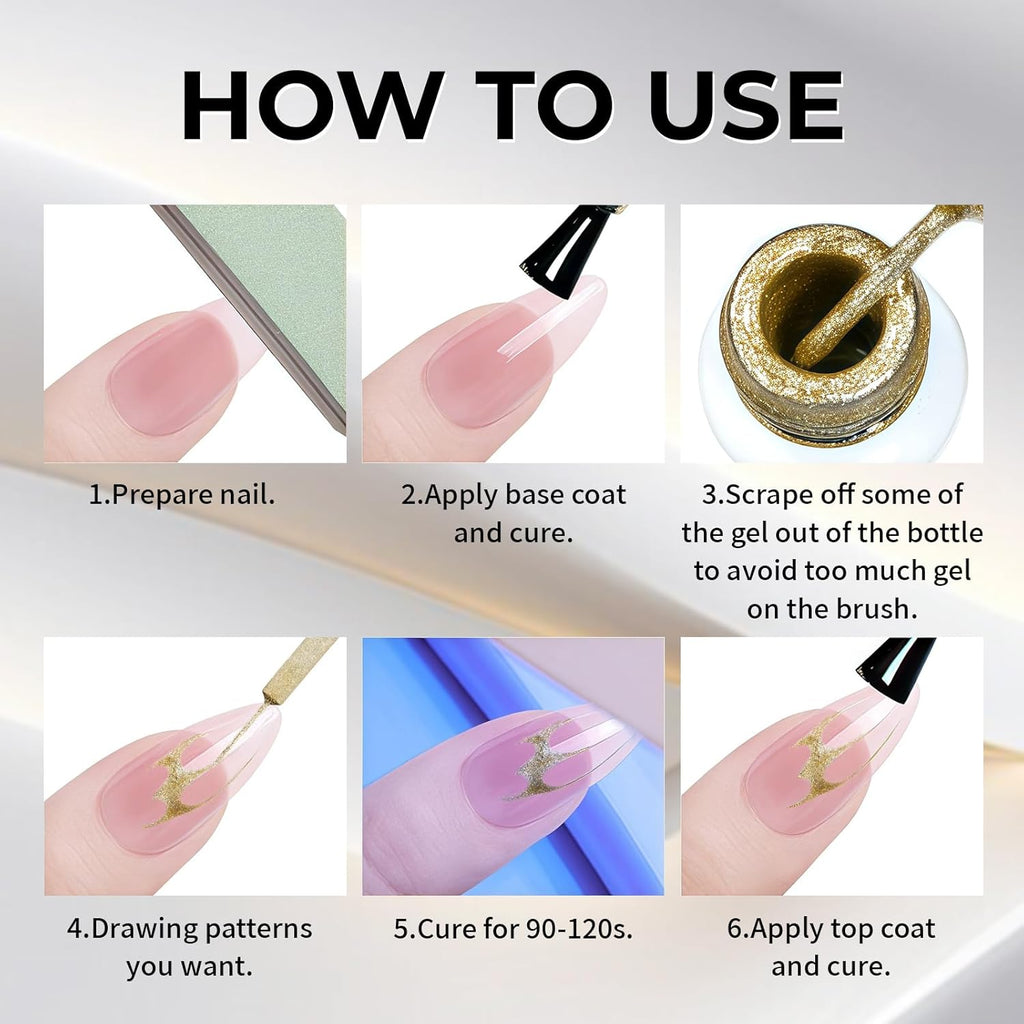 Hema Free Metallic Mirror Painting Gel Nail Polish, Glitter Silver & Gold Metal Painted Drawing Gel with Brush Chrome Gel Polish 2pcs 6ml Set 3D Effect Curing Requires Home Nail Art DIY
