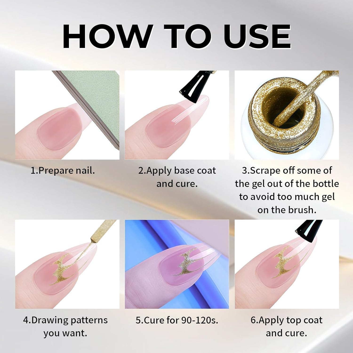 Hema Free Metallic Mirror Painting Gel Nail Polish, Glitter Silver & Gold Metal Painted Drawing Gel with Brush Chrome Gel Polish 2pcs 6ml Set 3D Effect Curing Requires Home Nail Art DIY
