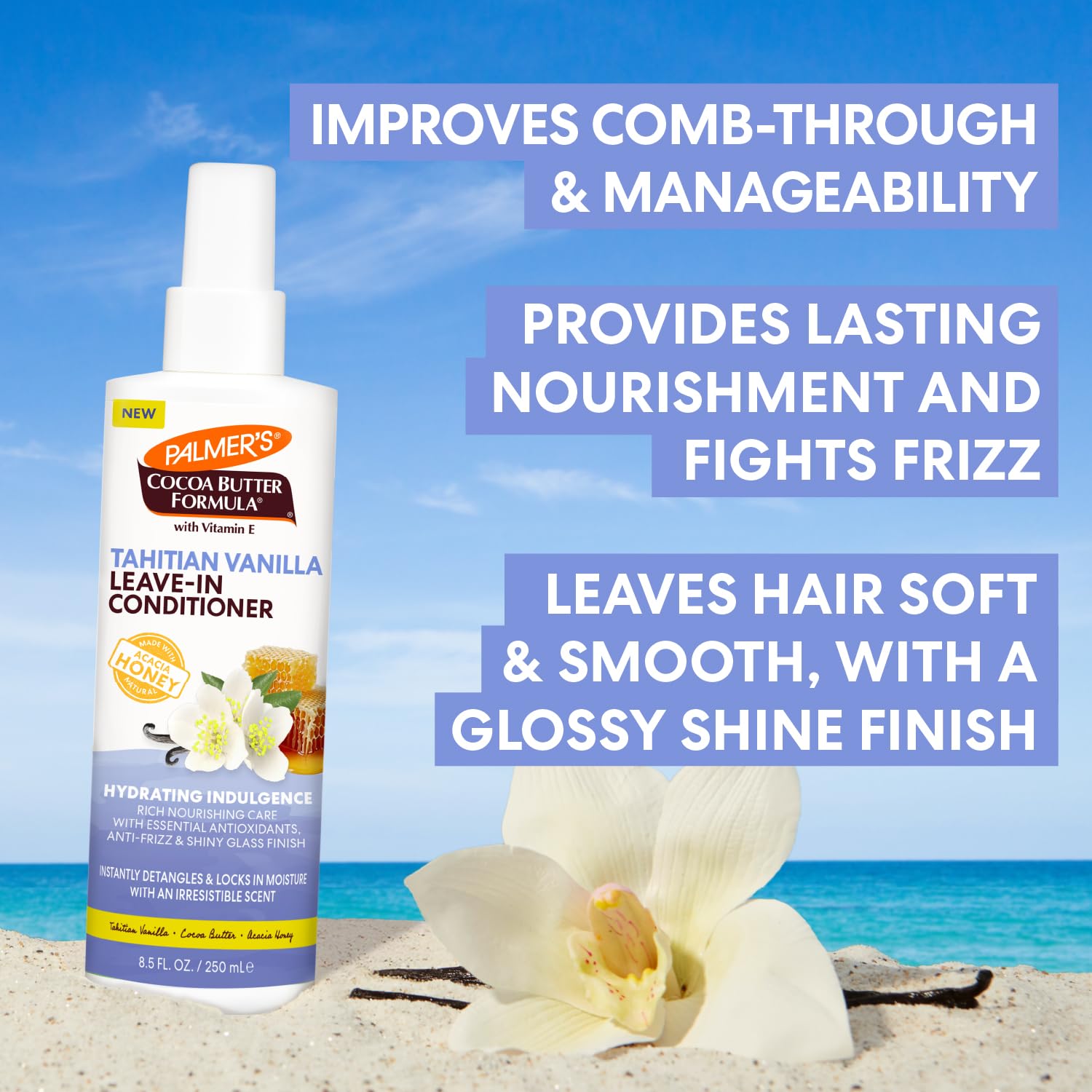 Palmer's Cocoa Butter Formula, Tahitian Vanilla Leave In Conditioner Spray, (8.5 Fl Oz), Hydrating Hair Detangler with Acacia Honey & Vitamin E, Heat Protectant, Frizz Control & Long-Lasting Moisture