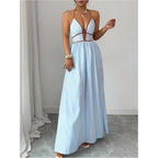 Floerns Women'S Striped Halter Maxi Dress Backless Smocked Beach Vacation Boho Dress