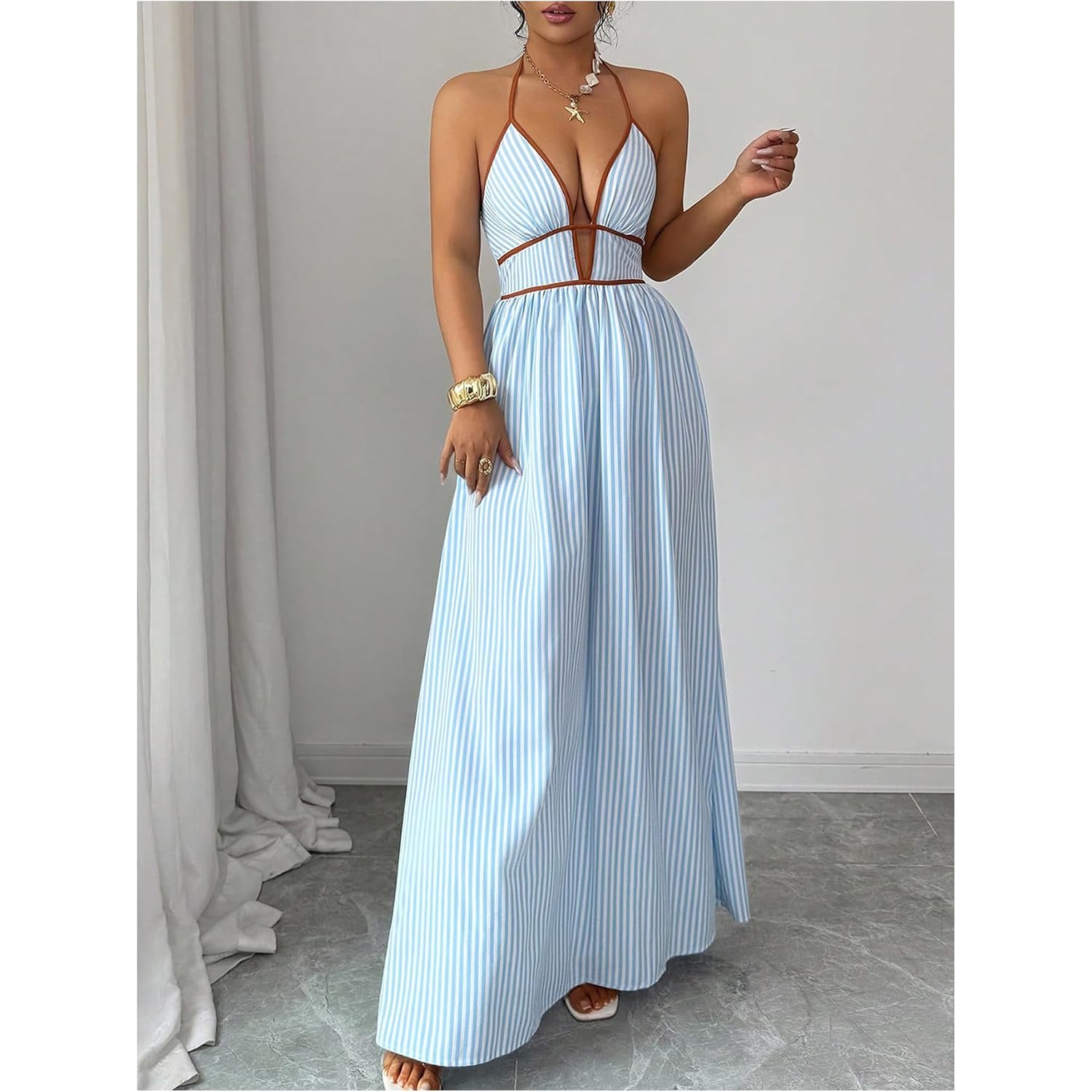 Floerns Women'S Striped Halter Maxi Dress Backless Smocked Beach Vacation Boho Dress