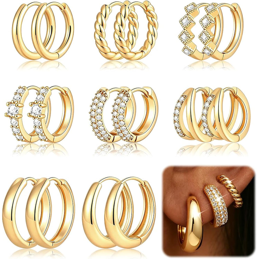 8 Pairs Gold Huggie Hoop Earrings Set for Women, 14K Gold Plated CZ Cartilage Earring for Multiple Piercing, Lightweight Hypoallergenic Small Hoop Stackable Jewelry Gift