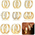 8 Pairs Gold Huggie Hoop Earrings Set for Women, 14K Gold Plated CZ Cartilage Earring for Multiple Piercing, Lightweight Hypoallergenic Small Hoop Stackable Jewelry Gift