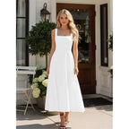 Kaximil Women'S Square Neck Sleeveless A Line Maxi Dress Smocked Ruffle Flowy Casual Long Dresses