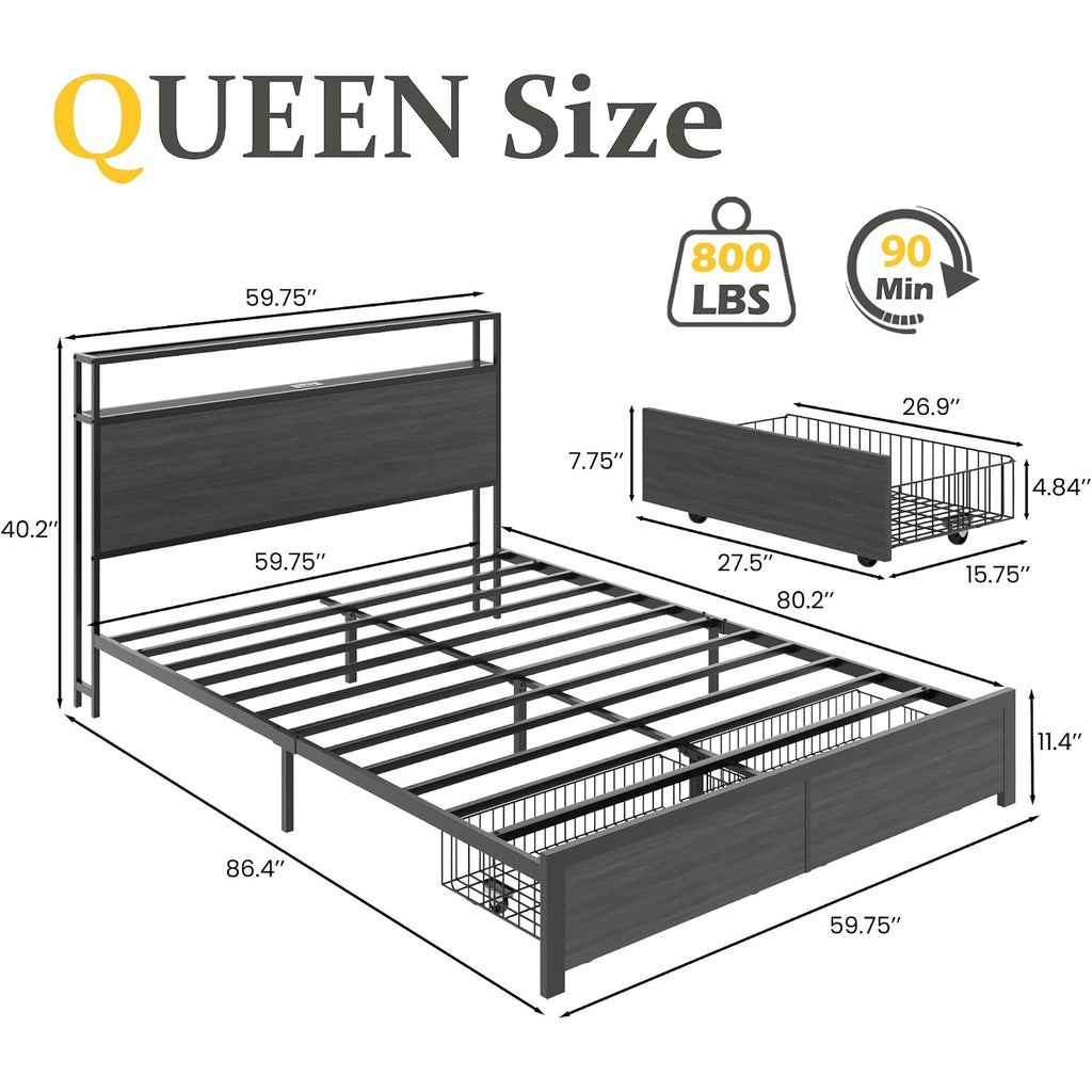 Lifezone Queen Bed Frame With 2-Tier Storage Headboard, Bedroom Metal Bed Frame With 2 Storage Drawers & Fast-Charging Station & Led, Noise-Free, No Box Spring Needed, Easy Assembly, Rustic Grey