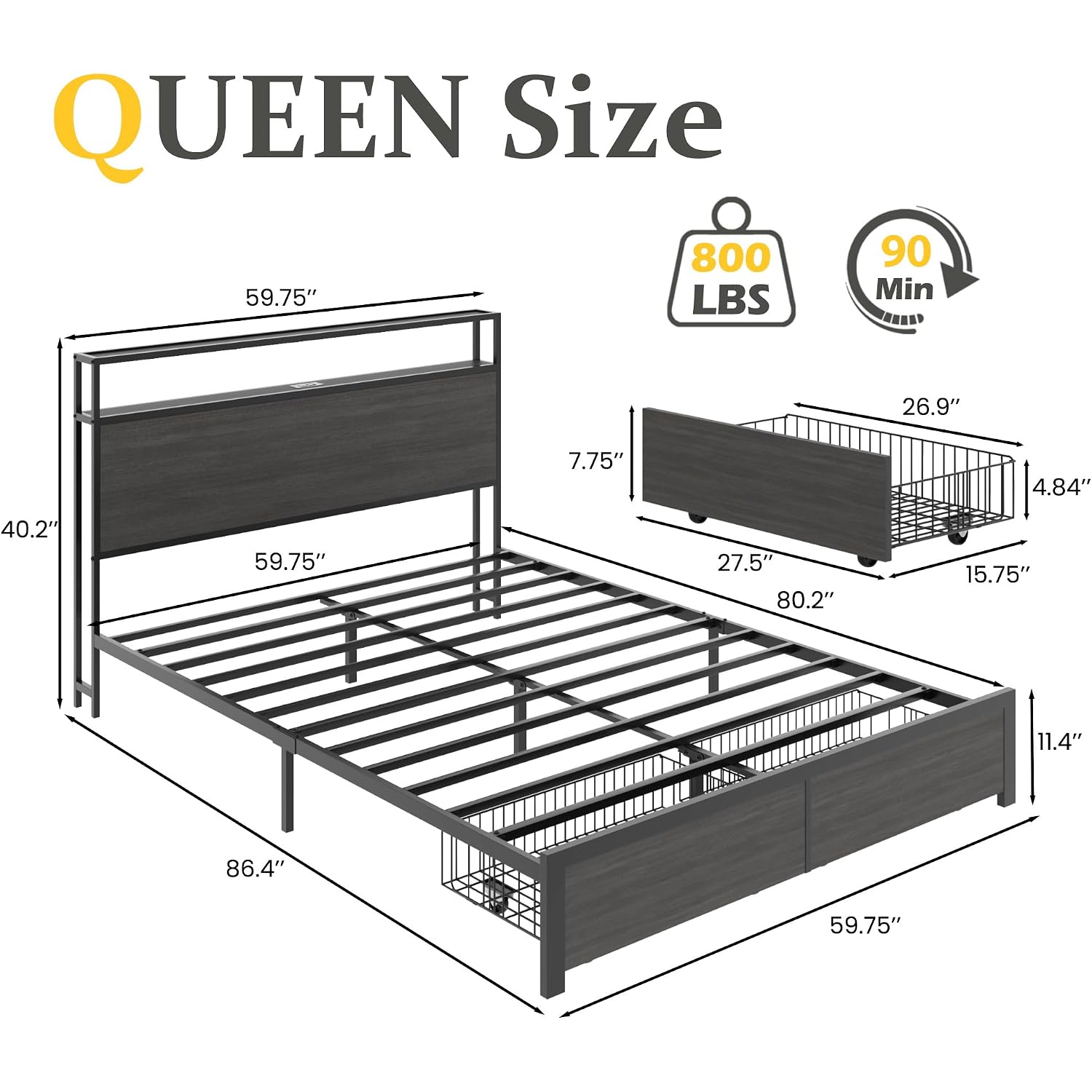 Lifezone Queen Bed Frame With 2-Tier Storage Headboard, Bedroom Metal Bed Frame With 2 Storage Drawers & Fast-Charging Station & Led, Noise-Free, No Box Spring Needed, Easy Assembly, Rustic Grey
