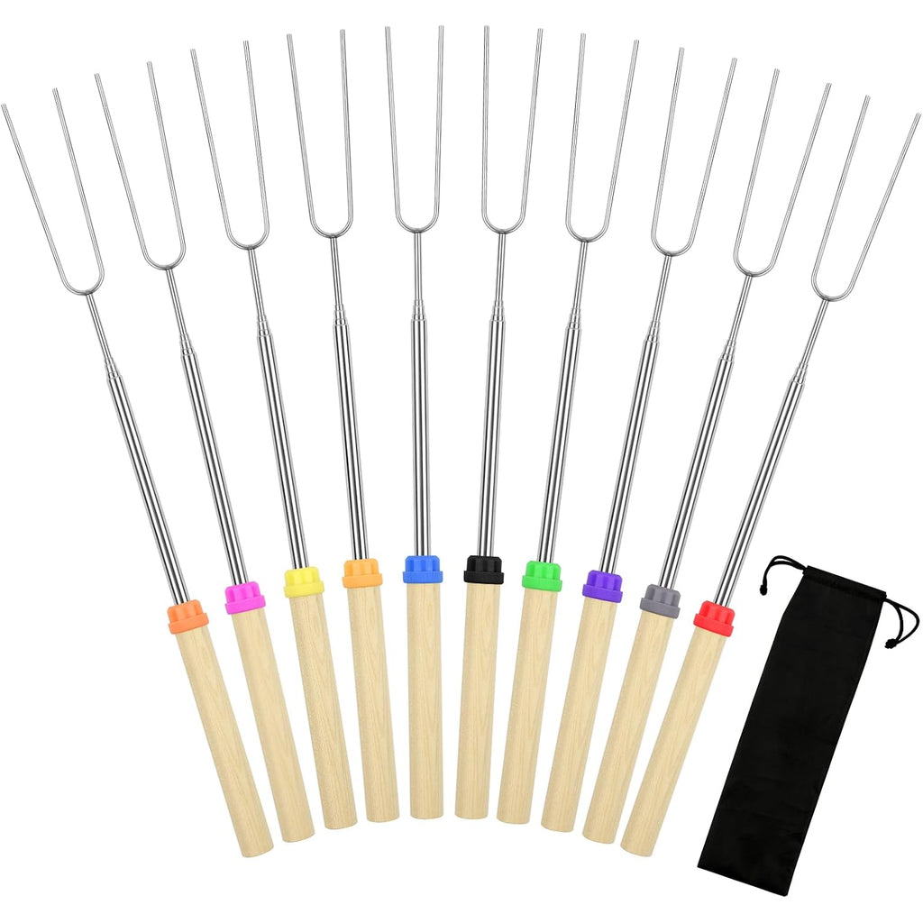 10 Pack Smores Sticks, 32 Inch Marshmallow Roasting Sticks For Fire Pit, Extendable Roasting Skewers With Bag, Hot Dog Fork, Smores Kit For Campfire Camping Essentials