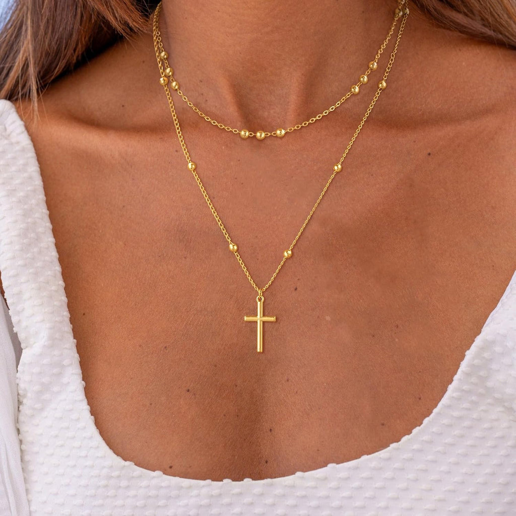 Cross Necklace for Women - Dainty 14K Real Silver Gold Plated Layered Pendant Necklace Stack Simple Trendy Cute Charm Choker Necklaces Jewelry Gift for Teen Her