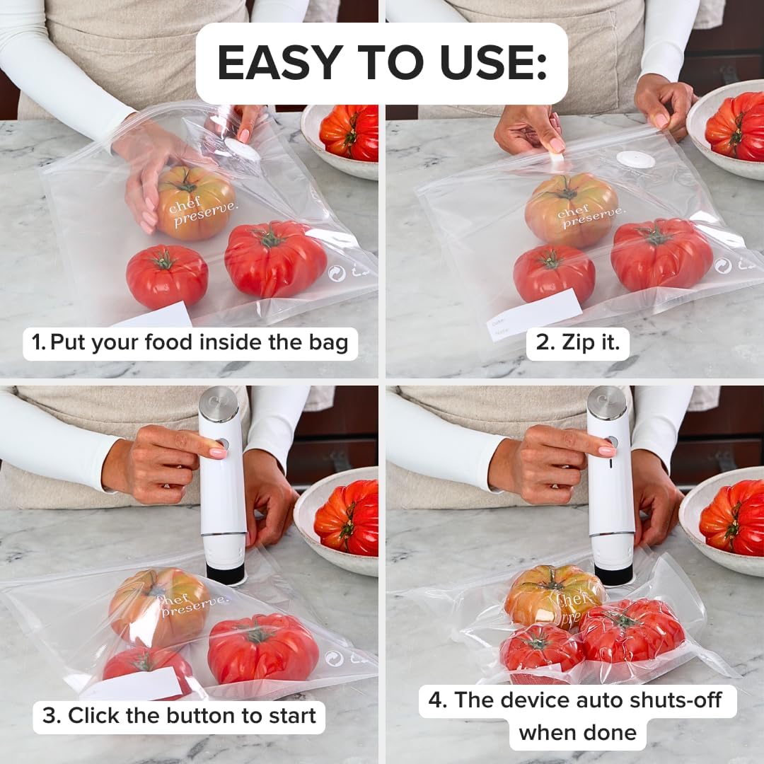 Chef Preserve Compact Vacuum Sealer For Food (Vacuum Sealer Machine + 30 Reusable Vacuum Bags) Powerful Handheld Vacuum Sealer Machine, Seal Meal Saver, Portable Food Sealer