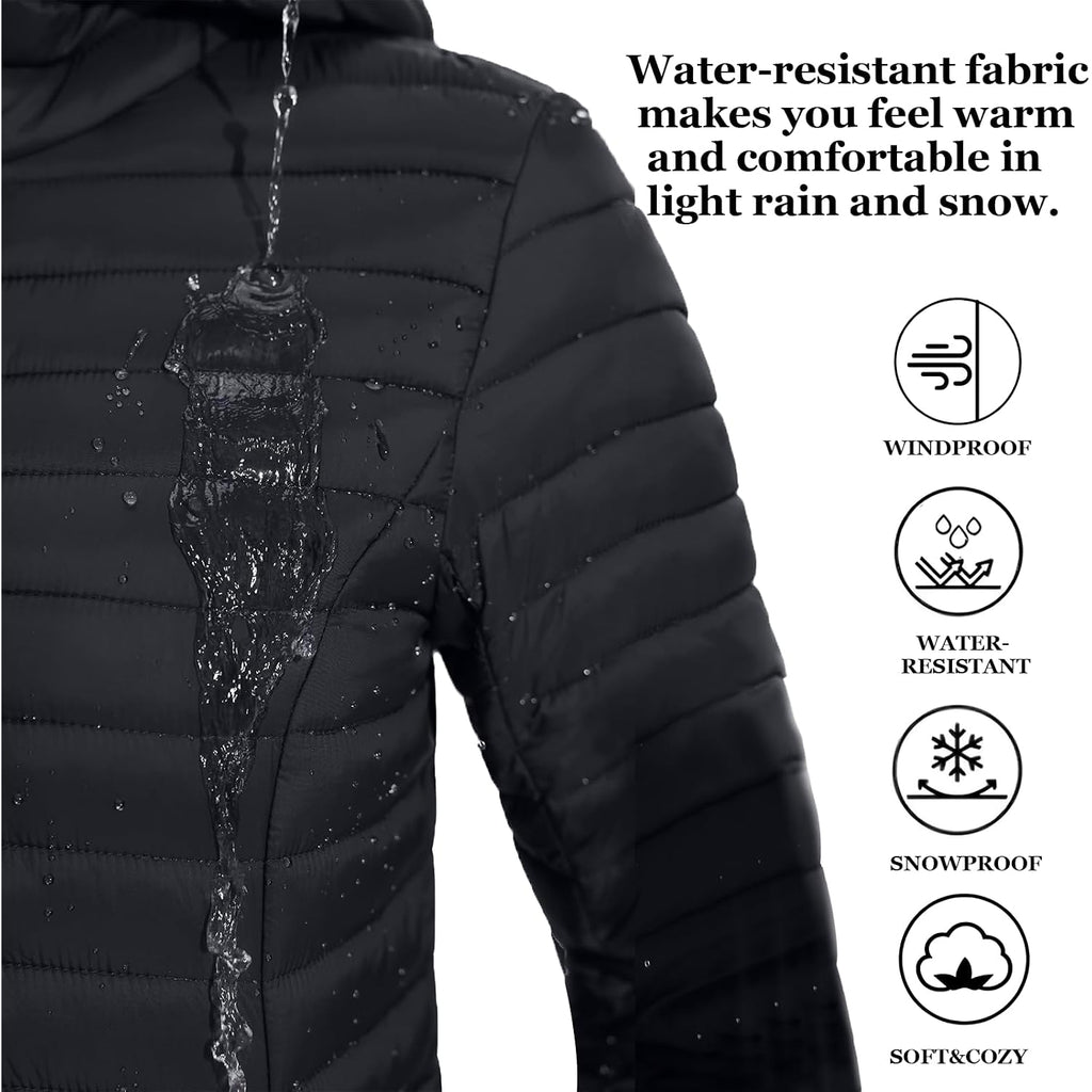 Zmc Packable Women Puffer Coat, Lightweight Water-Resistant Puffer Jacket Detachable Hood Slim-Fit Winter Coat For Women