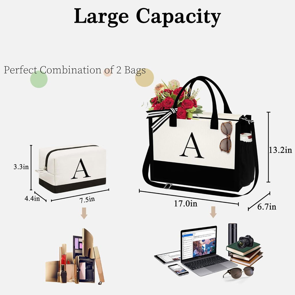 YOOLIFE Gifts for Women - Initial Canvas Tote Bag & Makeup Bag, Birthday Gifts for Women Mom Sister Friends