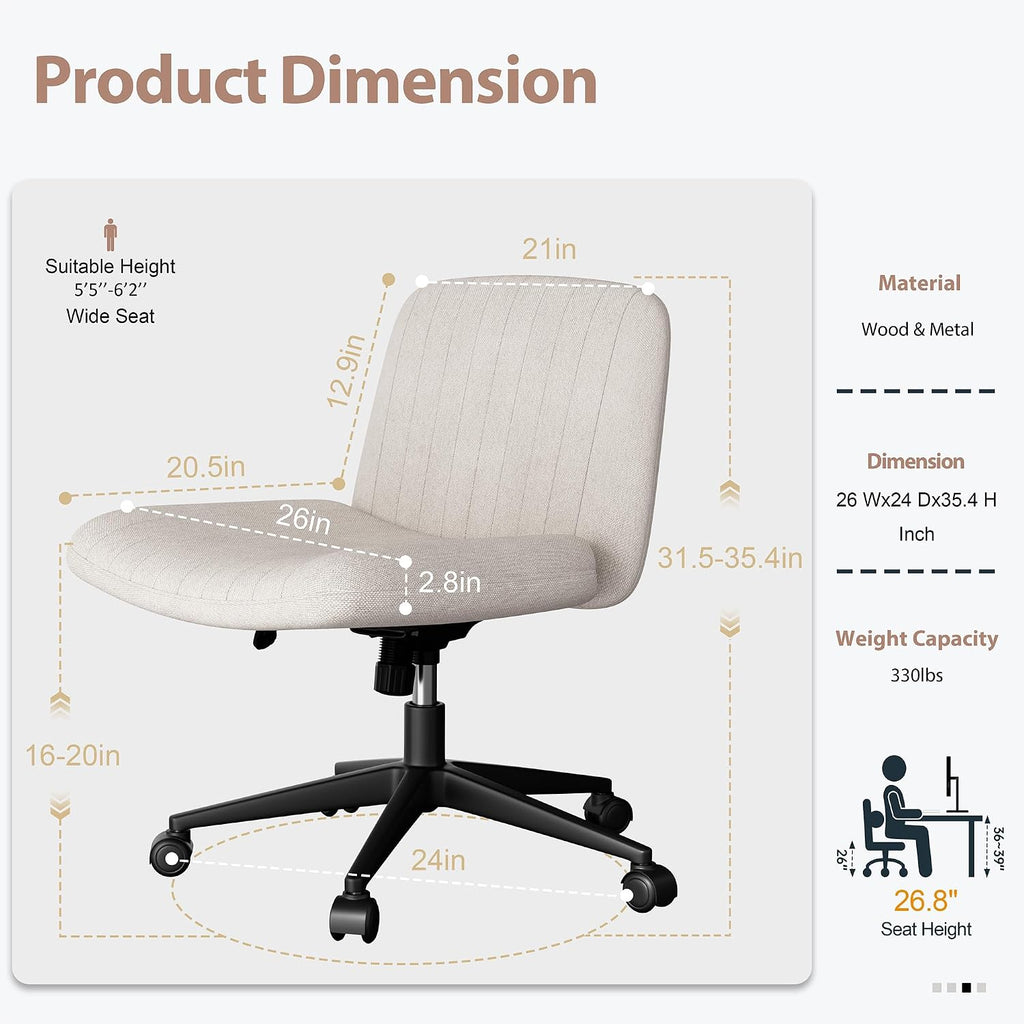 Cross Legged Office Chair, Armless Wide Chair'S For Vanity Desk, Criss Cross Comfy Chairs With Back, Desk Chair/S Of Height Adjustable Swivel, White