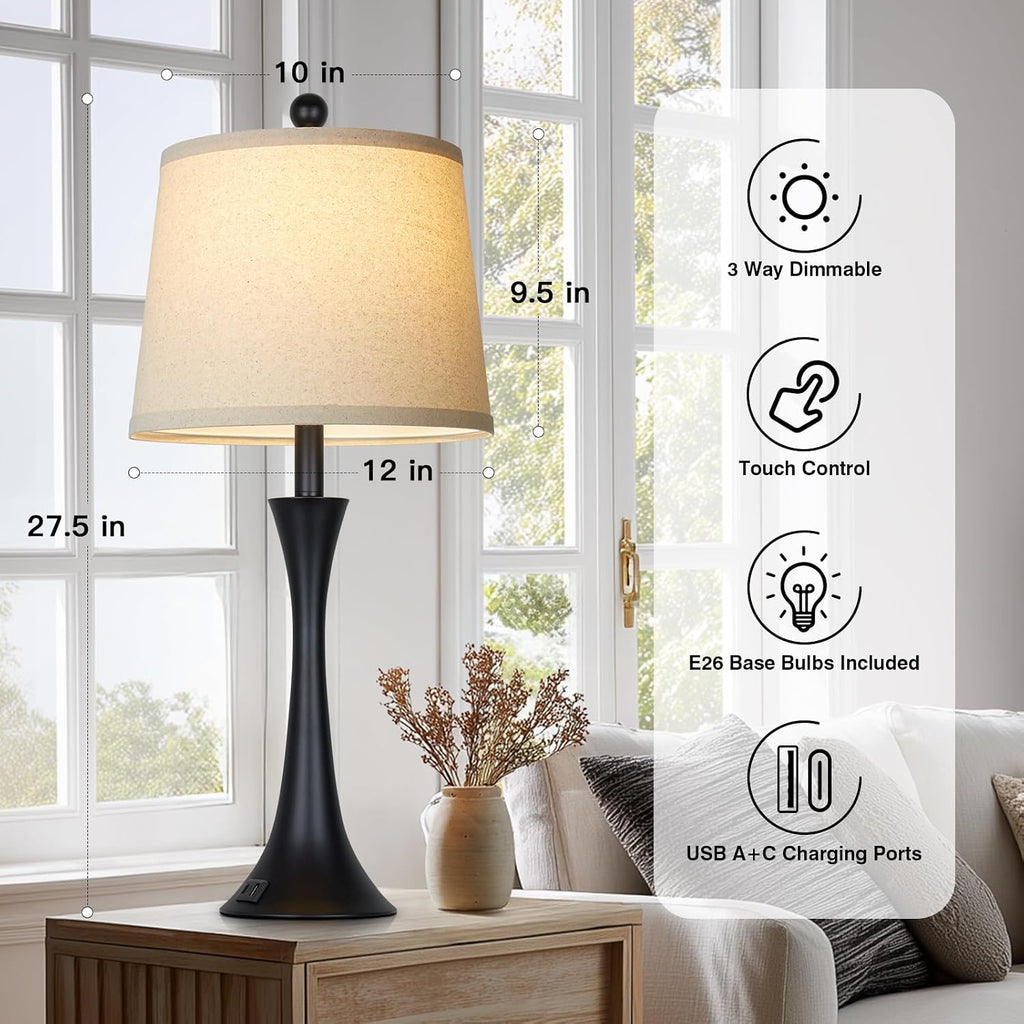 27.5" Table Lamps Set Of 2, Touch Bedside Lamps With Usb C+A Ports, 3 Way Dimmable Nightstand Lamps For Bedroom, Living Room, Office, Black Lamp With Beige Lampshade, Bulbs Included