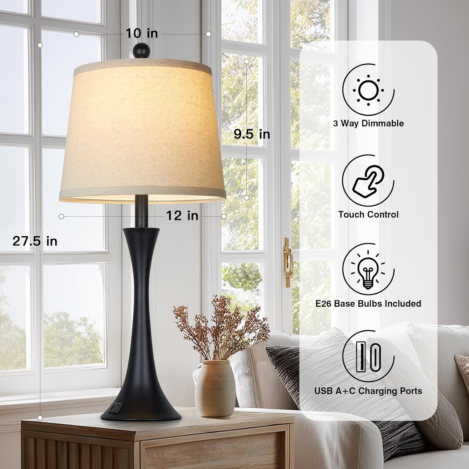 27.5" Table Lamps Set Of 2, Touch Bedside Lamps With Usb C+A Ports, 3 Way Dimmable Nightstand Lamps For Bedroom, Living Room, Office, Black Lamp With Beige Lampshade, Bulbs Included