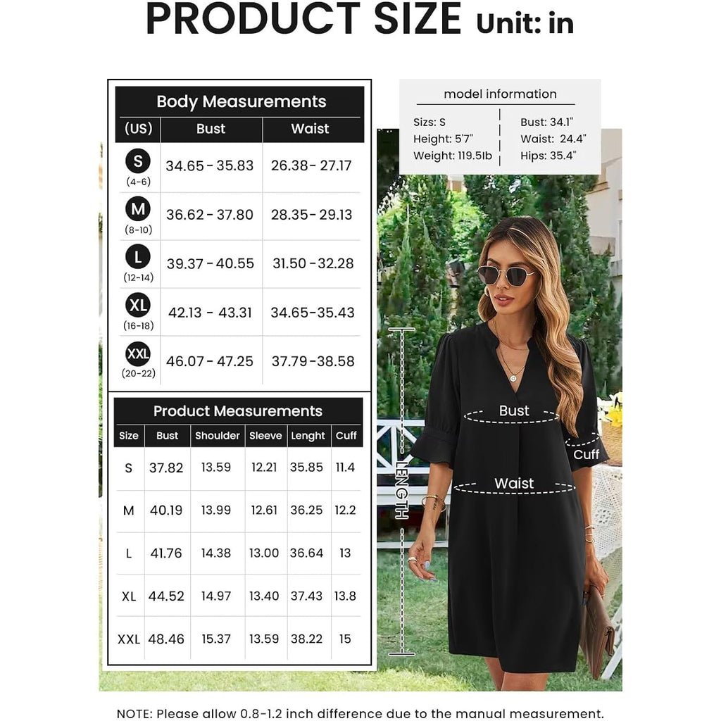 Wkior Shift Dress For Women V Neck Short Sleeves Solid Color Casual Flowy Summer Dresses(S-2Xl)