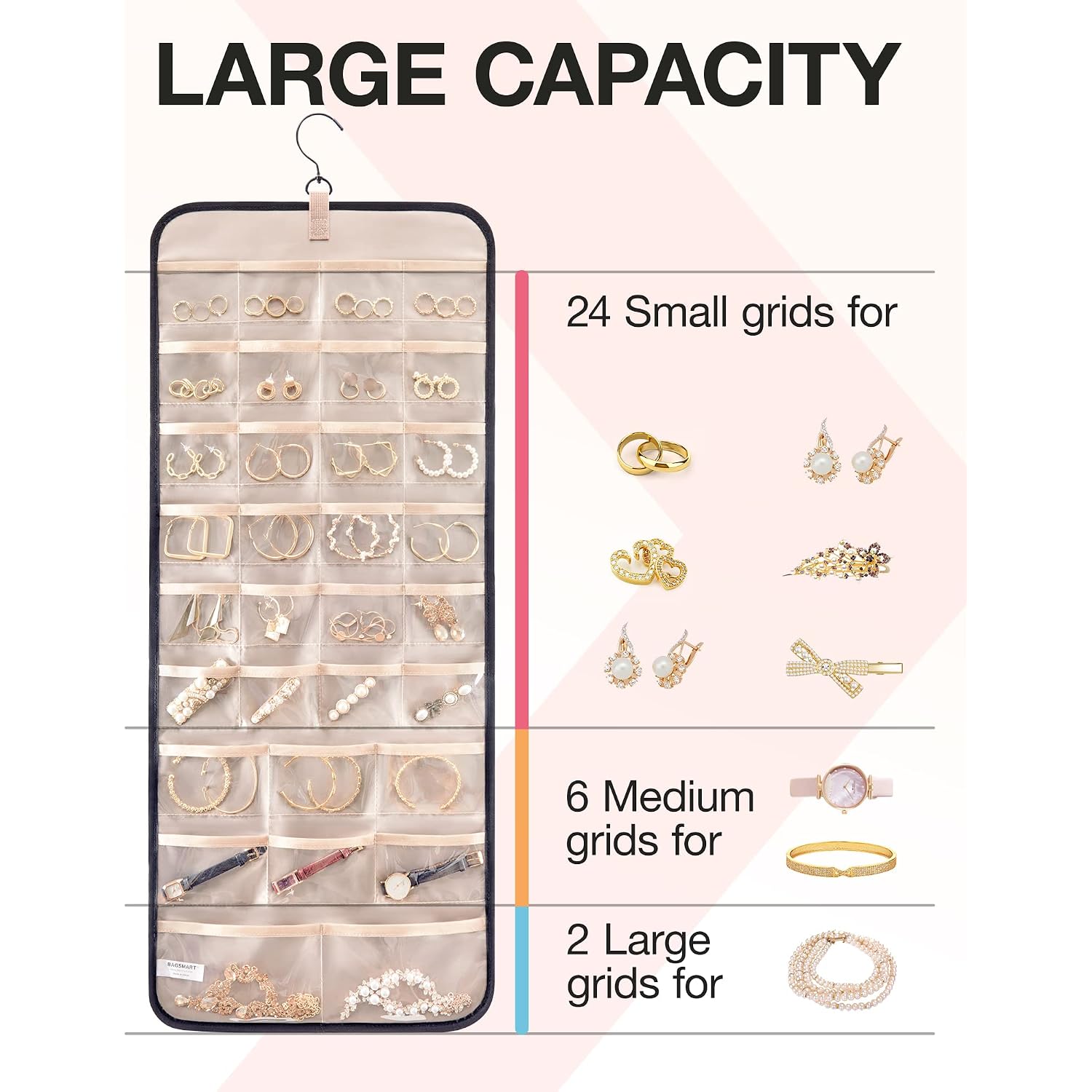 Bagsmart Hanging Jewelry Organizer Storage Roll With Hanger Metal Hooks Double-Sided Jewelry Holder For Earrings, Necklaces, Rings On Closet, Wall, Door, 1 Piece, Large, Black
