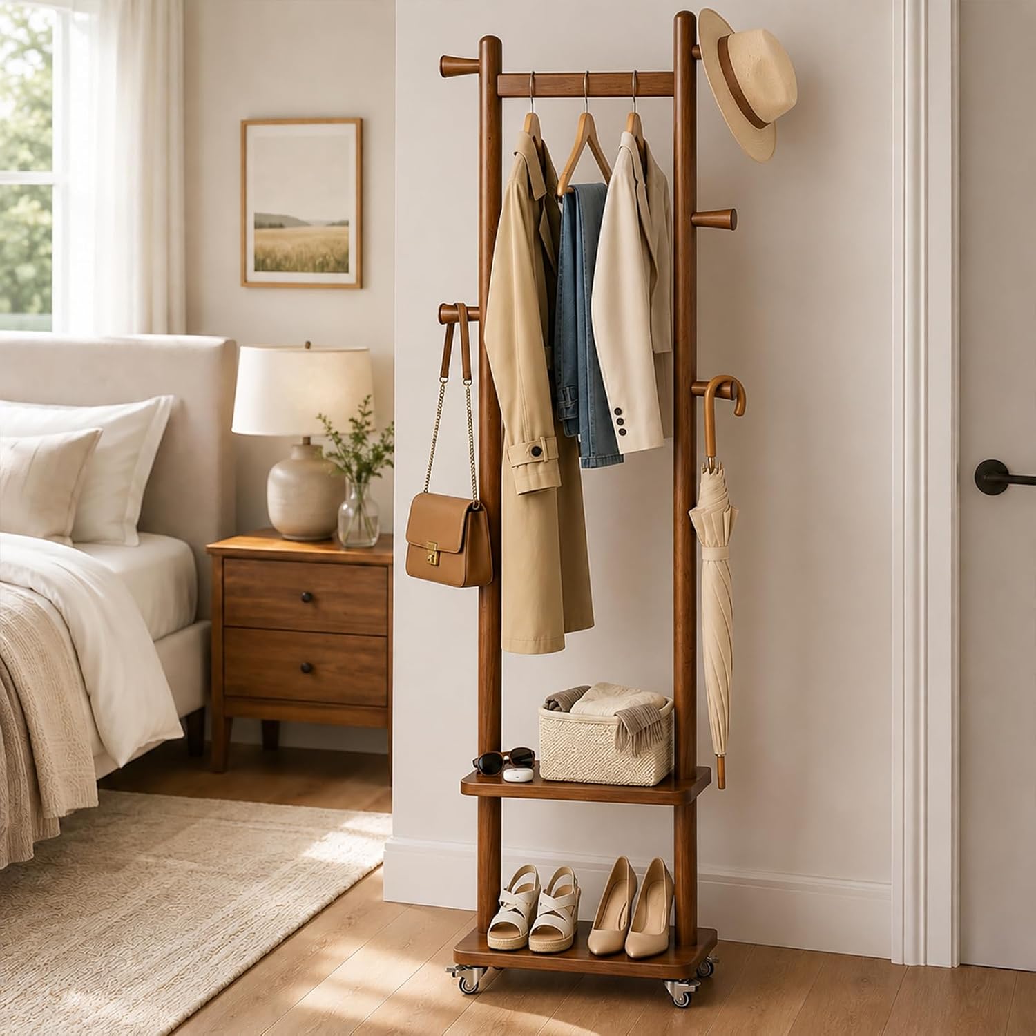 Solid Wood Coat Rack Freestanding Clothing Rack With Wheels & 2 Shelves Storage & 5 Hooks Heavy Duty Clothes Rack Wood Coat Tree Stand Hat Hanger Rack For Corner Bedroom Entryway Living Room Hotel