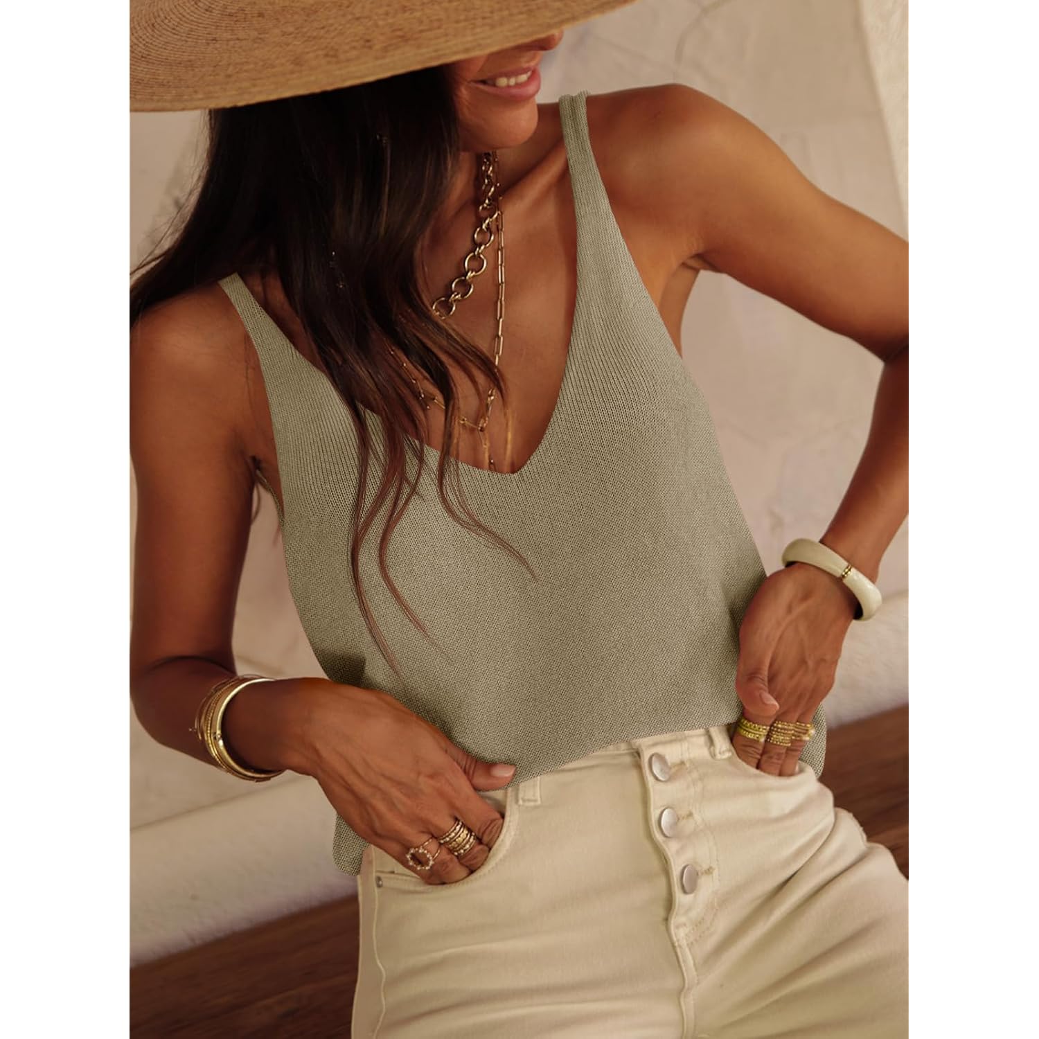 Tankaneo Womens Knit Sweater Tank Tops Casual Summer V Neck Loose Fit Sleeveless Camisole Shirts